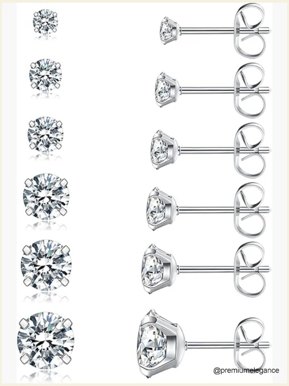 6 Pair Cubic Zirconia Stud Earrings Set Hypoallergenic Stainless Steel